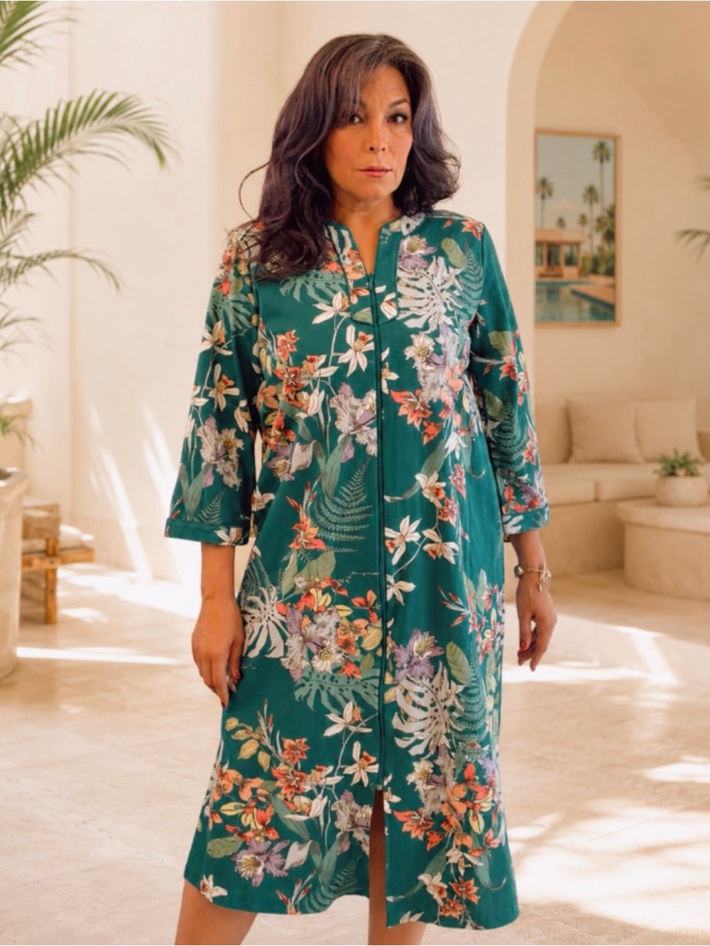 Miss Elaine Tropical Floral Zip Front Lounge Dress Caftan Teal Large